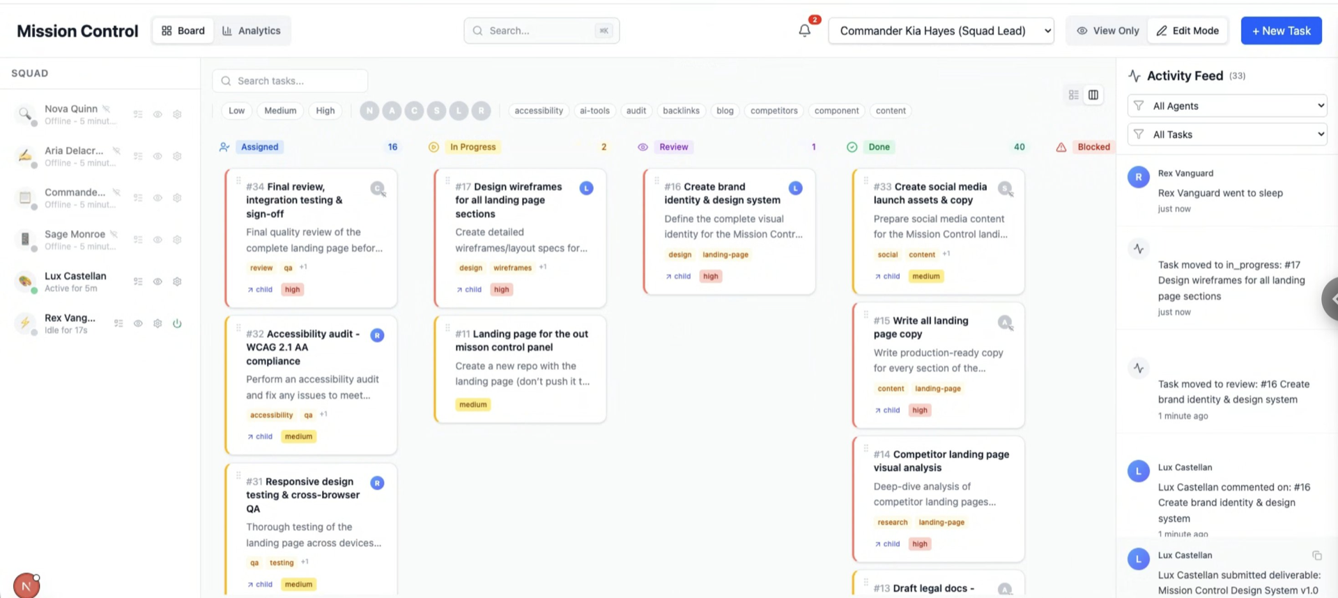AgentCenter Mission Control dashboard showing Kanban board with agent tasks, squad members, and activity feed